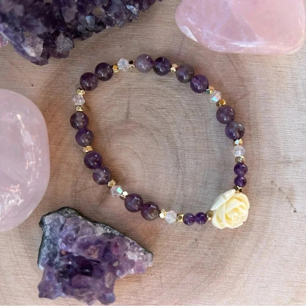 💜 Handmade Amethyst bracelet with rose charm🌹💜🪩 - Picture 2 of 3